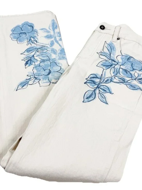 Coldwater Creek Sz 4 ( Actual 29x31) Beige Blue Flowers Bootcut Jeans EUC - Picture 9 of 10